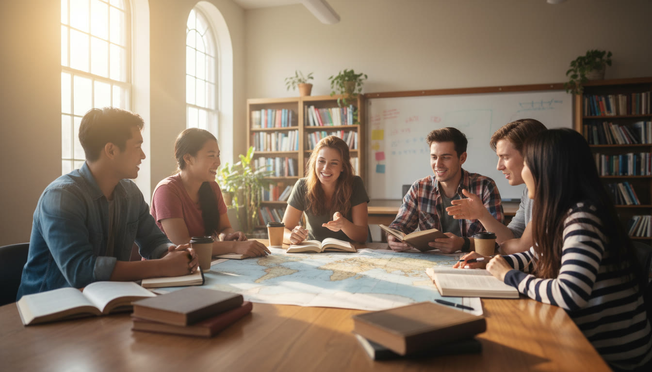 Photo Idea : A diverse group of students sitting in a sunlit classroom, leaning in during a small-group discussion of a map and literary texts—capturing collaboration, curiosity, and cross-cultural exchange.