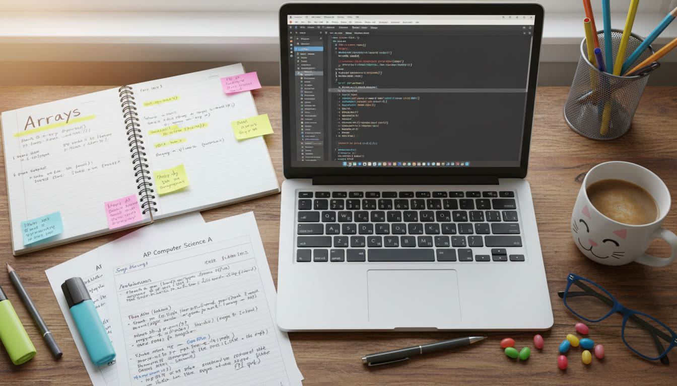 Photo Idea : A flat-lay photo of a student’s desk with Java notes, a laptop showing code, and a notebook with a highlighted “Arrays” header — warm, natural light to suggest focused study.