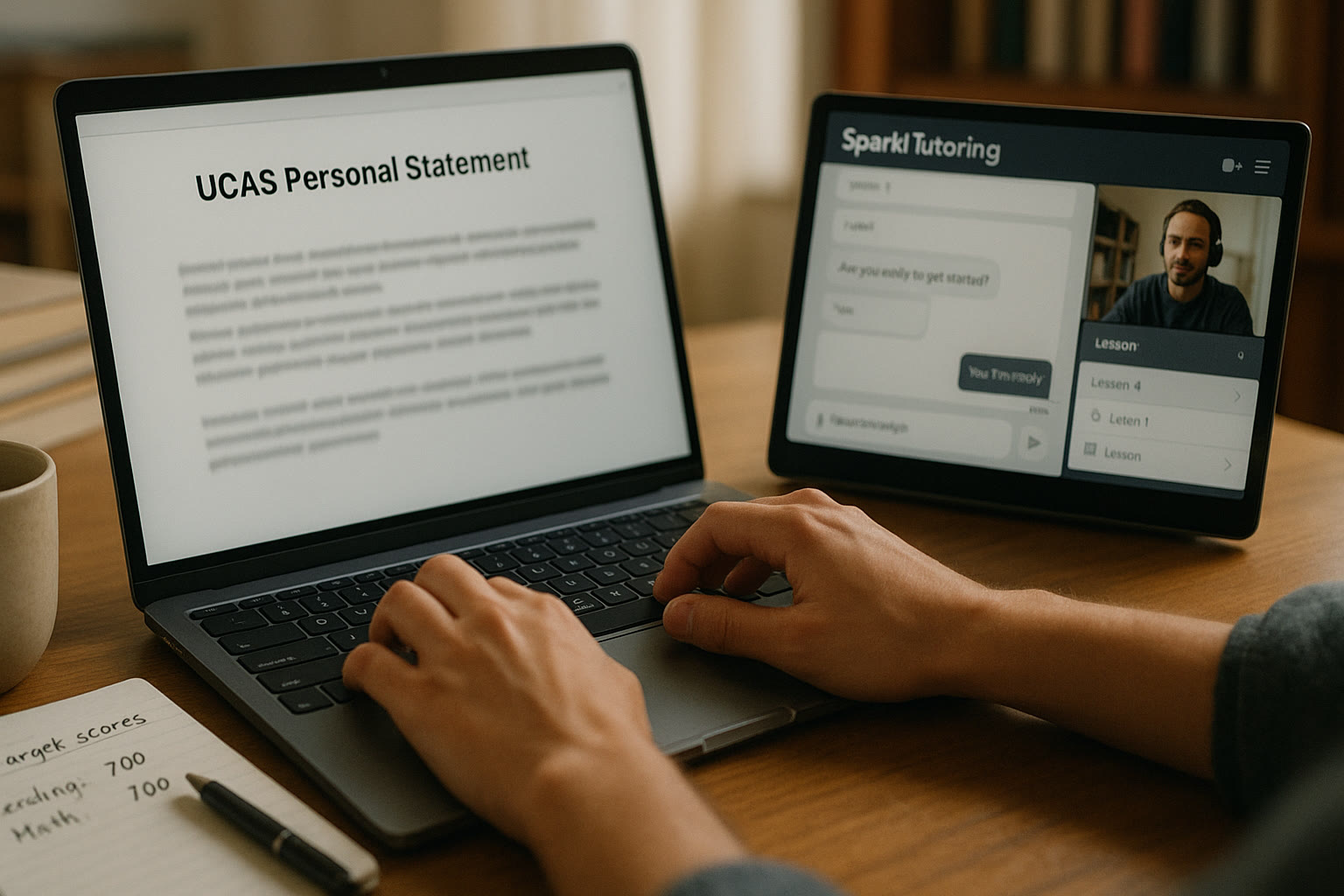Photo Idea : A close-up of a student typing a UCAS personal statement on a laptop, with a notepad showing SAT target scores and a Sparkl tutoring session open on a second screen.