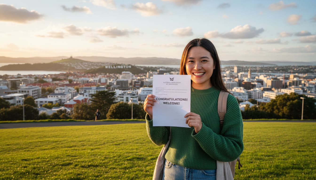 Photo Idea : A bright, welcoming shot of an international student holding an acceptance letter with Wellington's skyline in the background — conveys hope and the global pathway to study in New Zealand.
