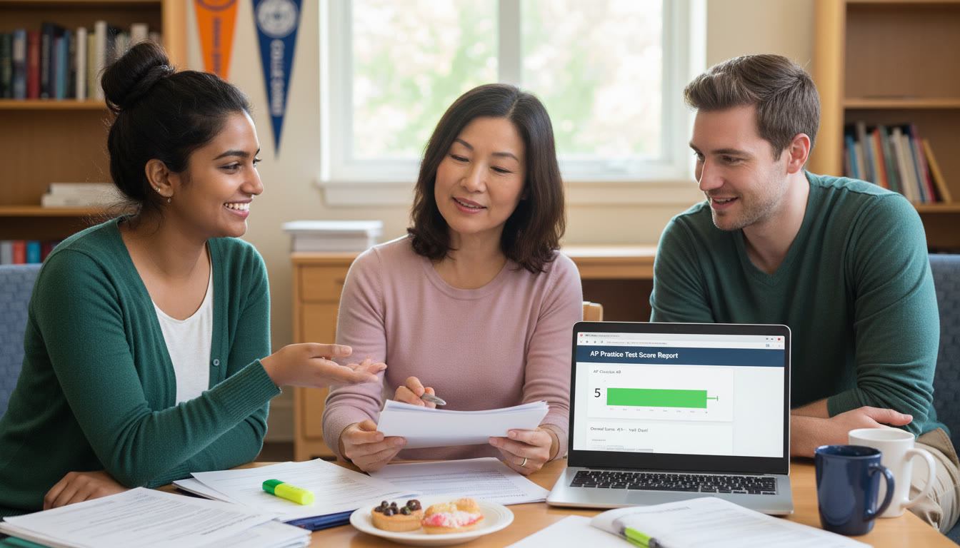 Photo Idea : A small group meeting between a student, a parent, and a tutor (or counselor) reviewing translated application documents and a laptop screen showing a practice test score report — conveys collaboration and clarity.