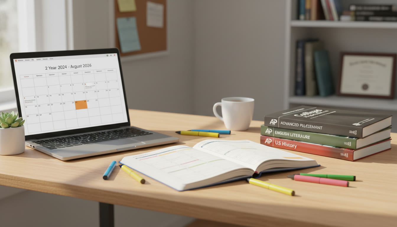 Photo Idea : A bright study desk with planner, colored pens, AP textbooks, and a laptop showing a neat two-year calendar spread; conveys organized planning and calm preparation.