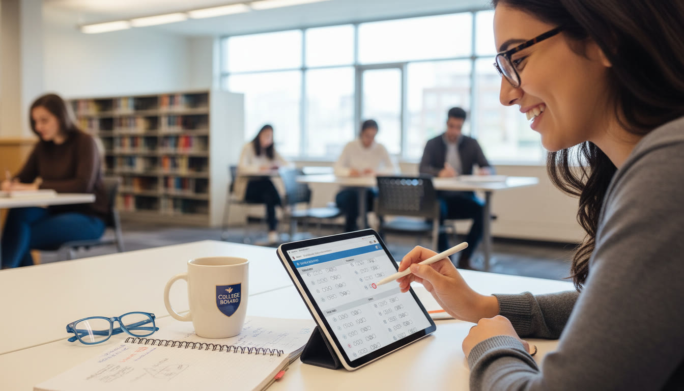 Photo Idea : Close-up of a student marking a practice SAT test on a tablet, with notepad and coffee nearby — suggests focused, modern test prep.