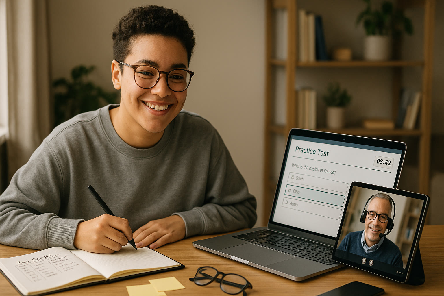 Photo Idea : A student at a desk smiling with an open laptop showing a digital practice test interface, a tutor on a tablet screen, and a notebook with a neat study schedule.