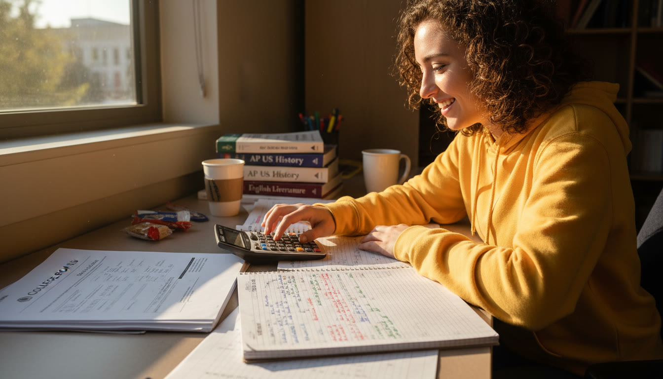 Photo Idea : A student at a sunny desk with a calculator, a printed past exam, and color-coded error log open — a candid, warm study moment.