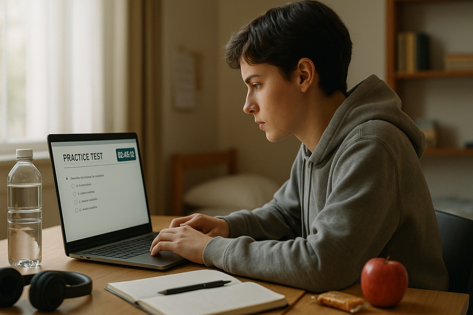 Photo Idea : A student doing a full-length practice test on a laptop with a visible digital timer on screen, surrounded by water bottle and snack — showing endurance and focus.
