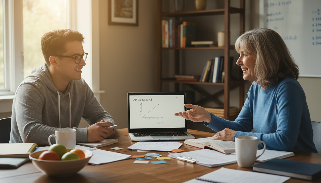 Photo Idea : A student meeting with a tutor at a kitchen table, laptop open, notes spread out—conveys personalized tutoring, coaching discussion, and the human work behind improvement.