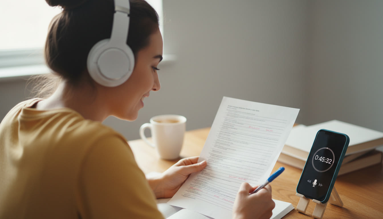Photo Idea : A close-up of a student annotating a printed transcript while listening on headphones, pen in hand and timer on phone. This image should sit near the section on dictation to illustrate active correction and review.