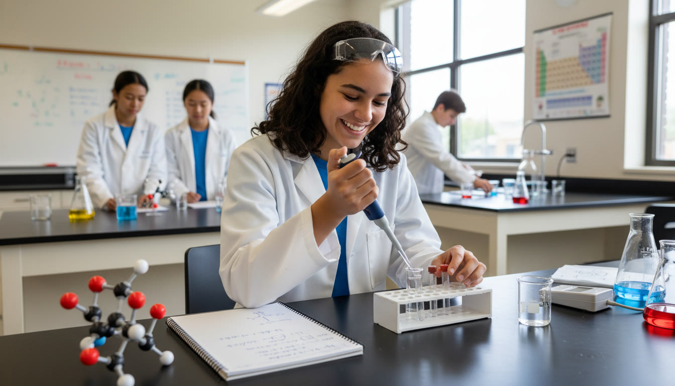 Photo Idea : A high-school student in a lab coat carefully pipetting at a bench, with a notebook open showing neat calculations and a molecular model nearby — captures the blend of experiment and quantitative thinking in AP Chemistry or bioengineering prep.