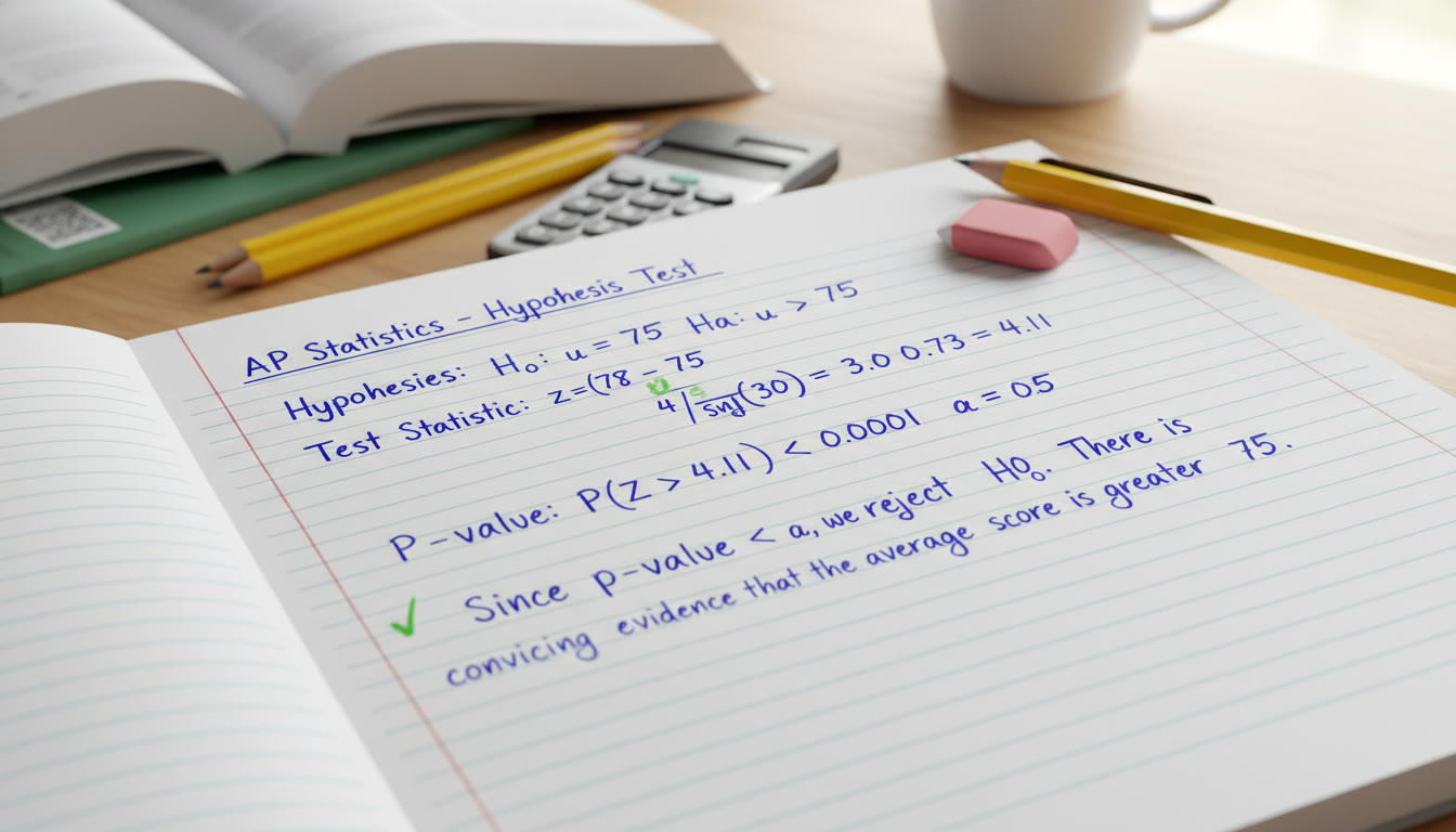 Photo Idea : A close-up of a student’s notebook page showing a neat worked solution: hypotheses written, test statistic computed, p-value compared to α, and a short context sentence. This image emphasizes clean presentation and exam-ready organization.