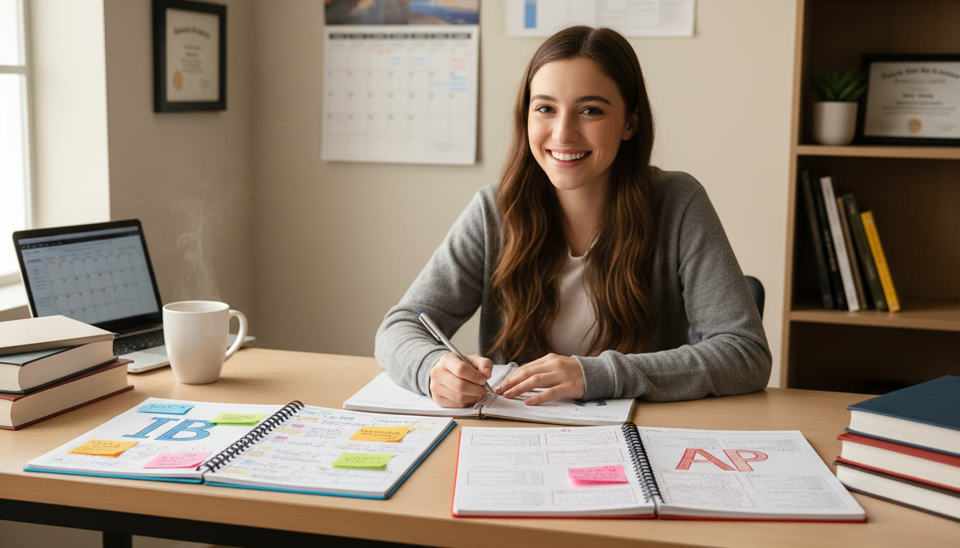 Photo Idea : A student at a desk with two open notebooks, one labeled 'IB' and the other 'AP', highlighting organized notes and study plan sticky notes — conveys the blend of both systems.