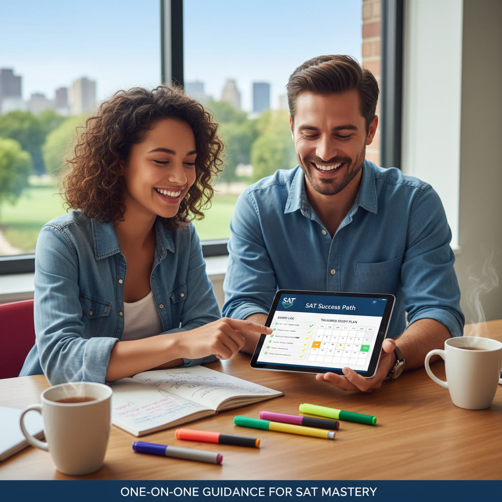 One-on-one tutoring session with a student and an expert tutor reviewing an error log and a tailored study plan on a tablet — emphasizes personalized guidance and efficient learning.