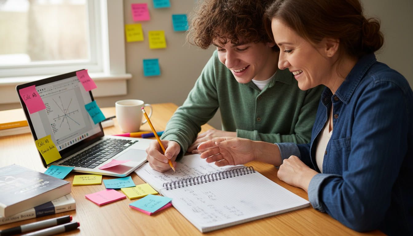 Photo Idea : A bright study scene showing a teen and a parent looking over a math notebook together, with a laptop open to a graphing window and sticky notes. This conveys collaborative preparation and parental support.
