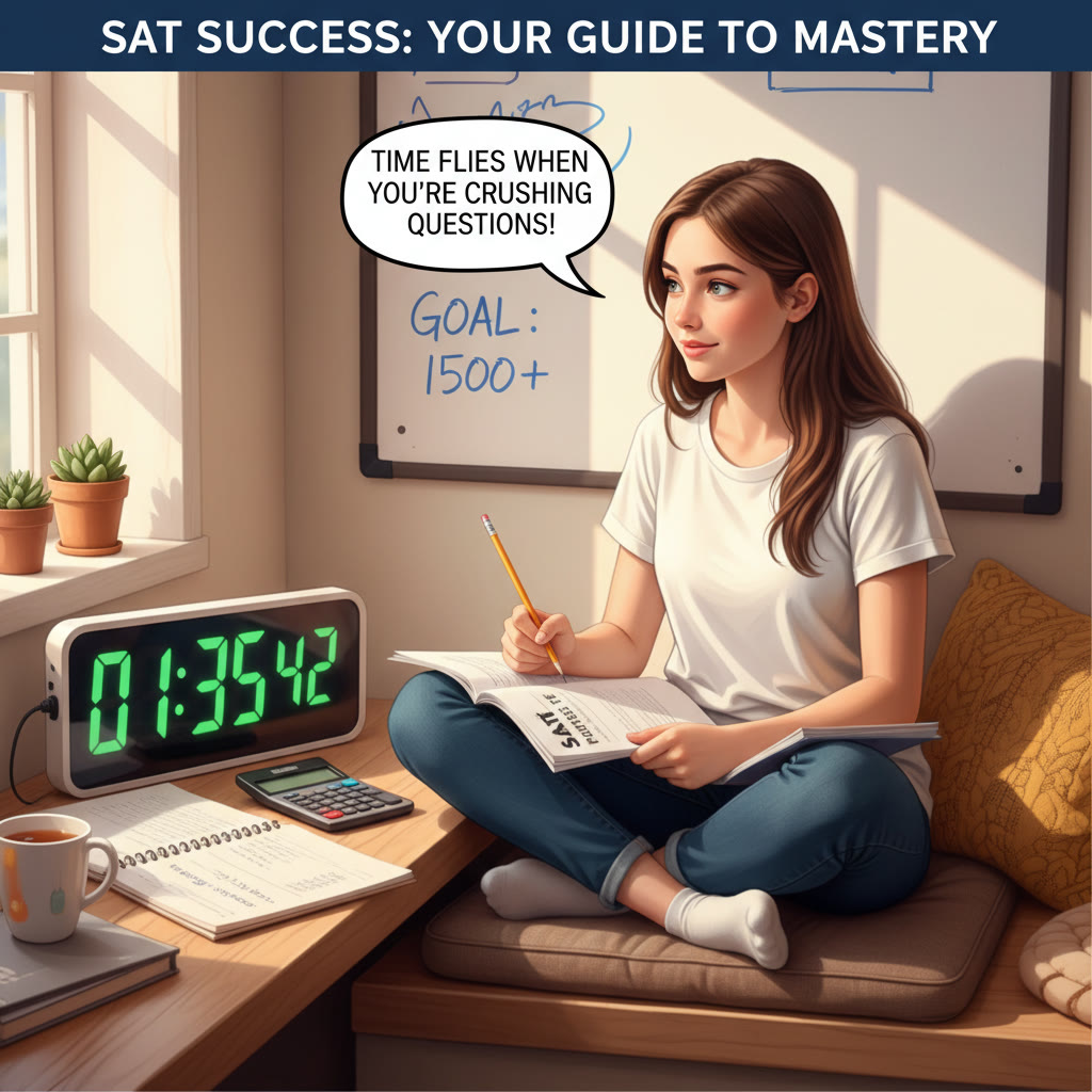 Student practicing SAT in a quiet study nook with a timer and notebook—focus on posture and timing tools.