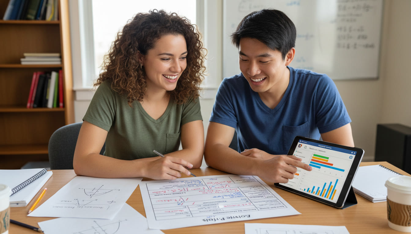 Photo Idea : A tutor and student reviewing an AP-style rubric over a desk with annotated graphs and a tablet showing progress metrics—visualize mentoring and personalized feedback in action.