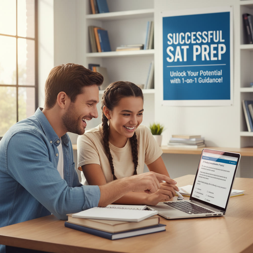 A student and a tutor smiling over a laptop, pointing at a practice question — suggesting supportive 1-on-1 guidance and collaboration.