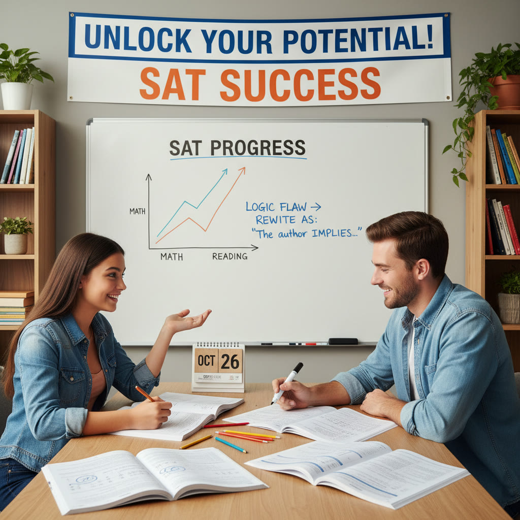 Student and tutor seated across a table with practice tests, charting progress on a whiteboard; the tutor pointing to a highlighted reasoning error and suggesting a rewrite.