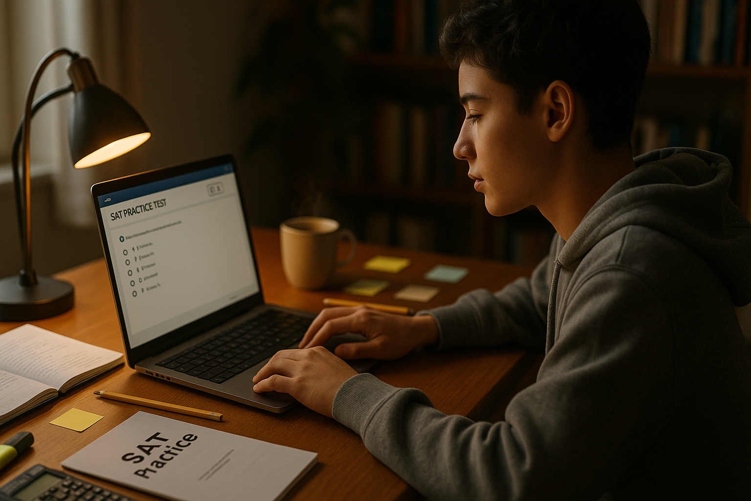 Photo Idea : A candid photograph of a student at a desk using a laptop to take SAT practice tests, with study materials and a warm lamp — conveys focused but calm preparation.