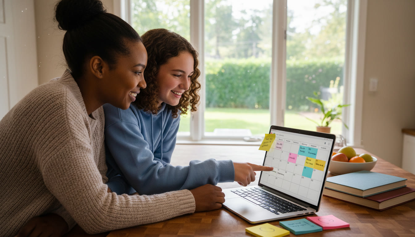 Photo Idea : A bright kitchen scene where a teen and a parent lean over a laptop, updating a shared digital calendar together with colorful labels and sticky notes nearby.