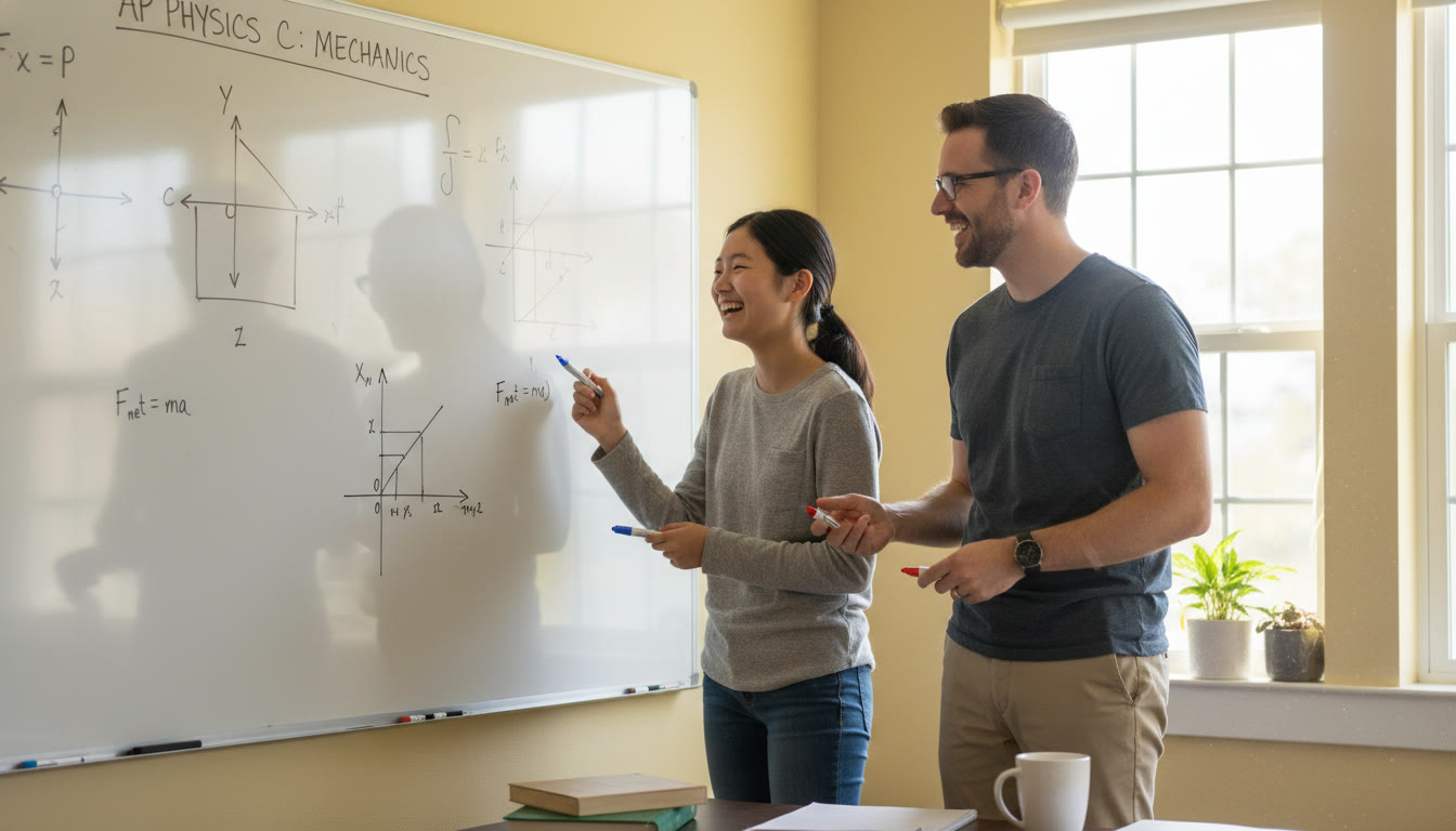 Photo Idea : A collaborative scene of a high school student and a tutor working through an AP problem set together on a whiteboard — warm, interactive, and focused on problem-solving.
