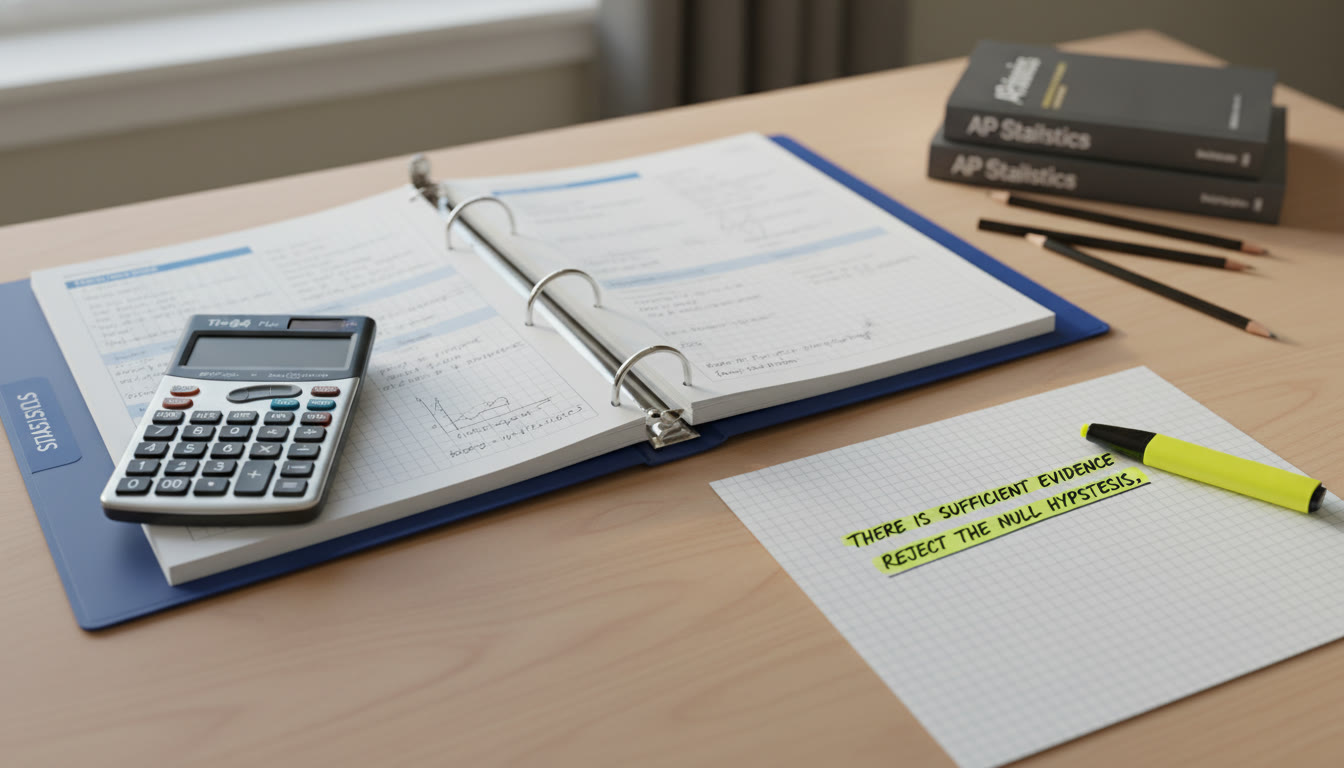 Photo Idea : A tidy student desk with calculator, open binder of statistics notes, and a highlighter marking a bold, underlined conclusion on paper. The scene should feel focused and calm, not frantic.
