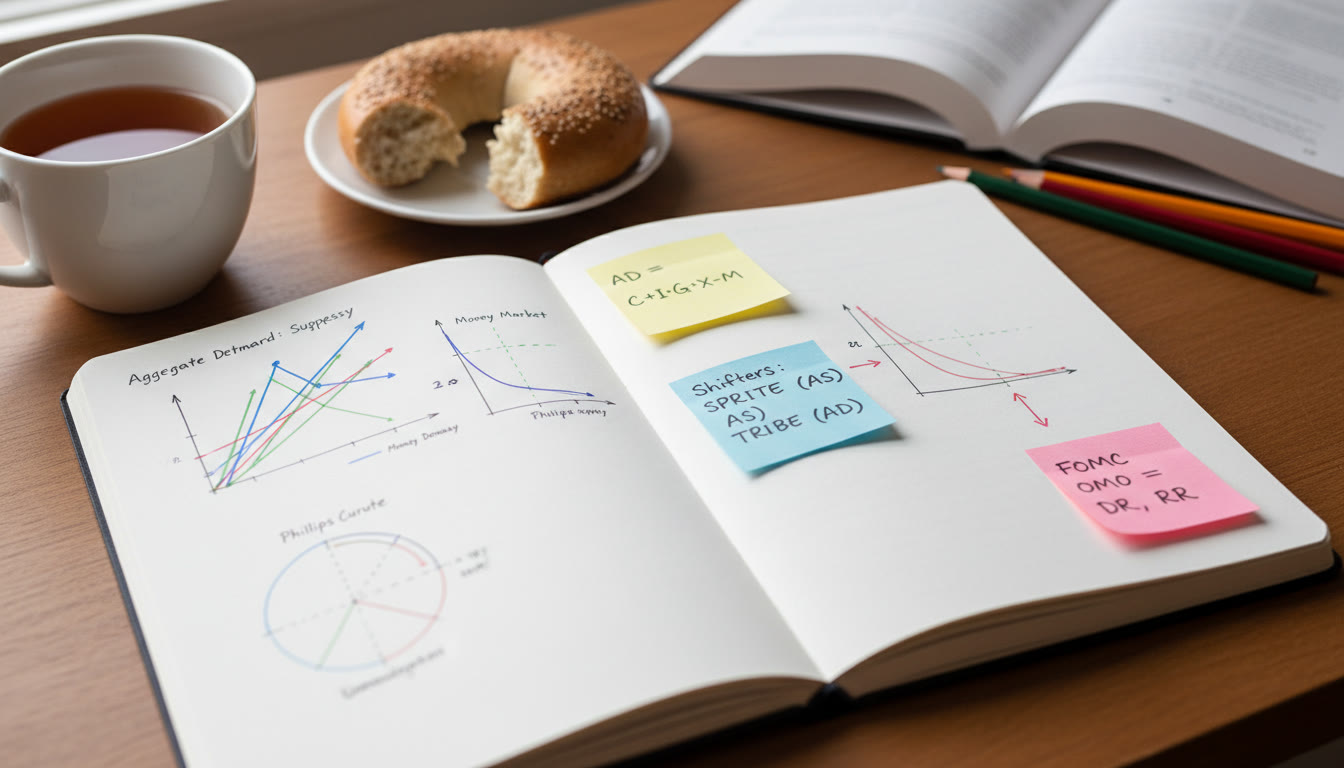 Photo Idea : A close-up shot of a notebook page filled with color-coded AD‑AS graphs, money market diagrams, and Phillips Curves, with sticky notes showing mnemonic phrases. This image sits naturally after the study routine to inspire the reader's own study setup.