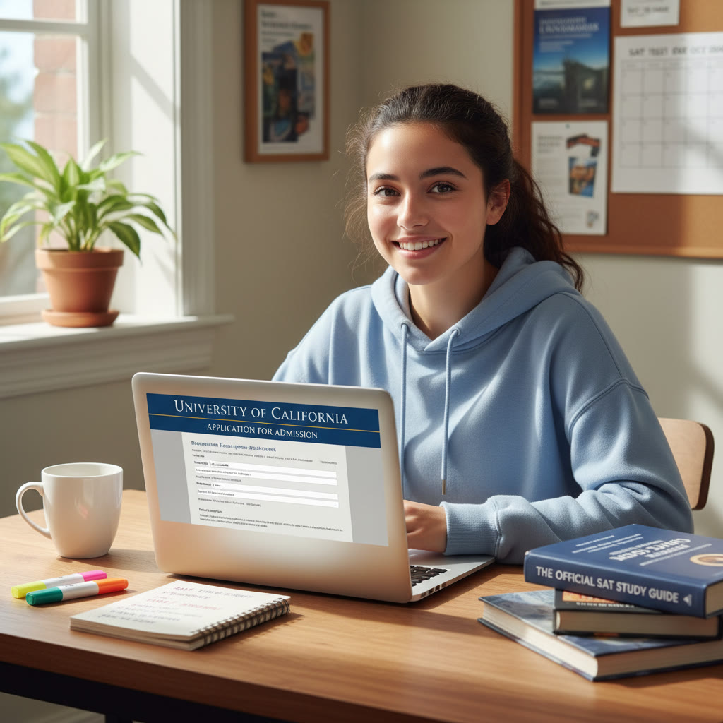 Photo Idea : A thoughtful student at a desk with a laptop open to a university application form; gentle natural light, coffee cup, and study notes nearby.