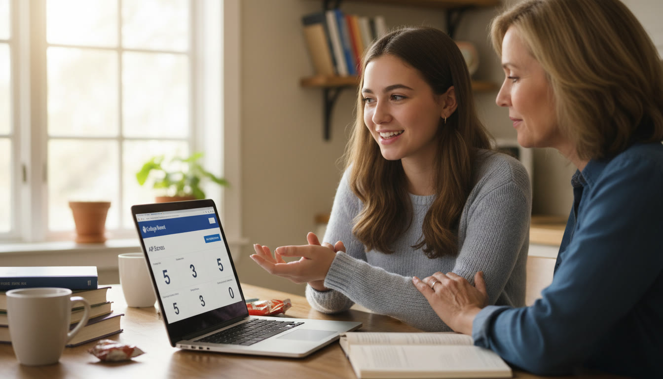 Photo Idea : A student and a parent sitting at a kitchen table with a laptop open, the student gently explaining something while the parent listens—capturing a calm, supportive conversation right after AP score release.
