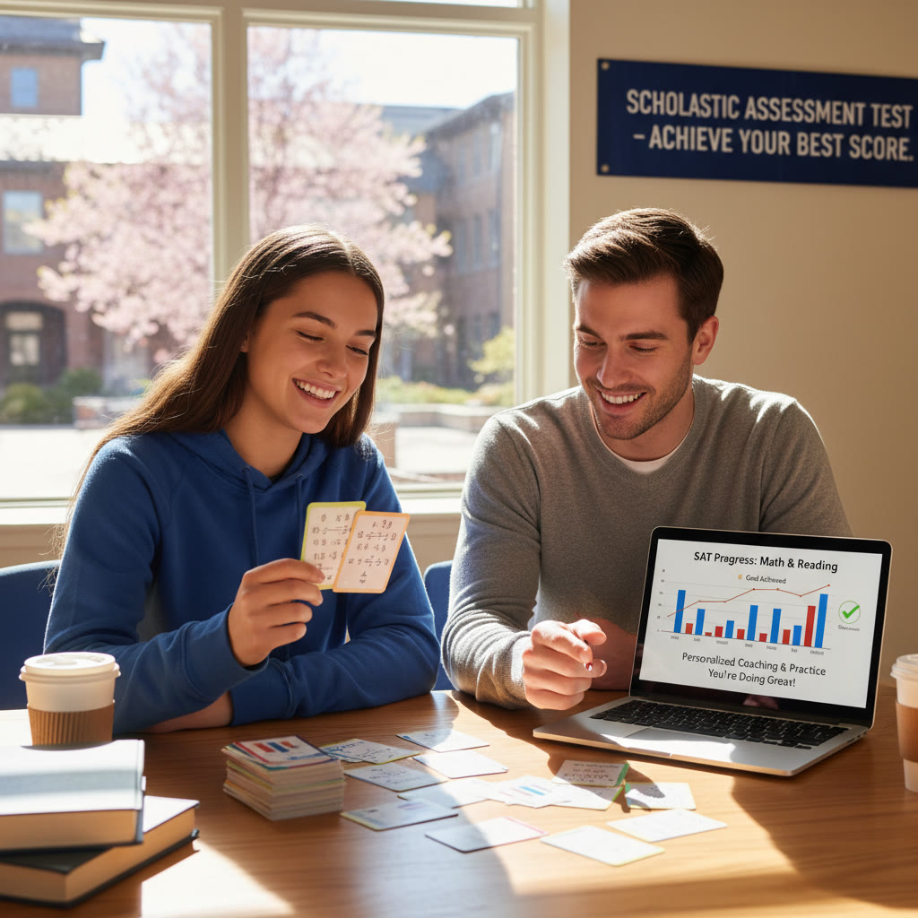 Photo idea: A student and tutor at a table reviewing flashcards together, with a laptop open showing progress charts. Description: collaborative study with personalized coaching and progress tracking.