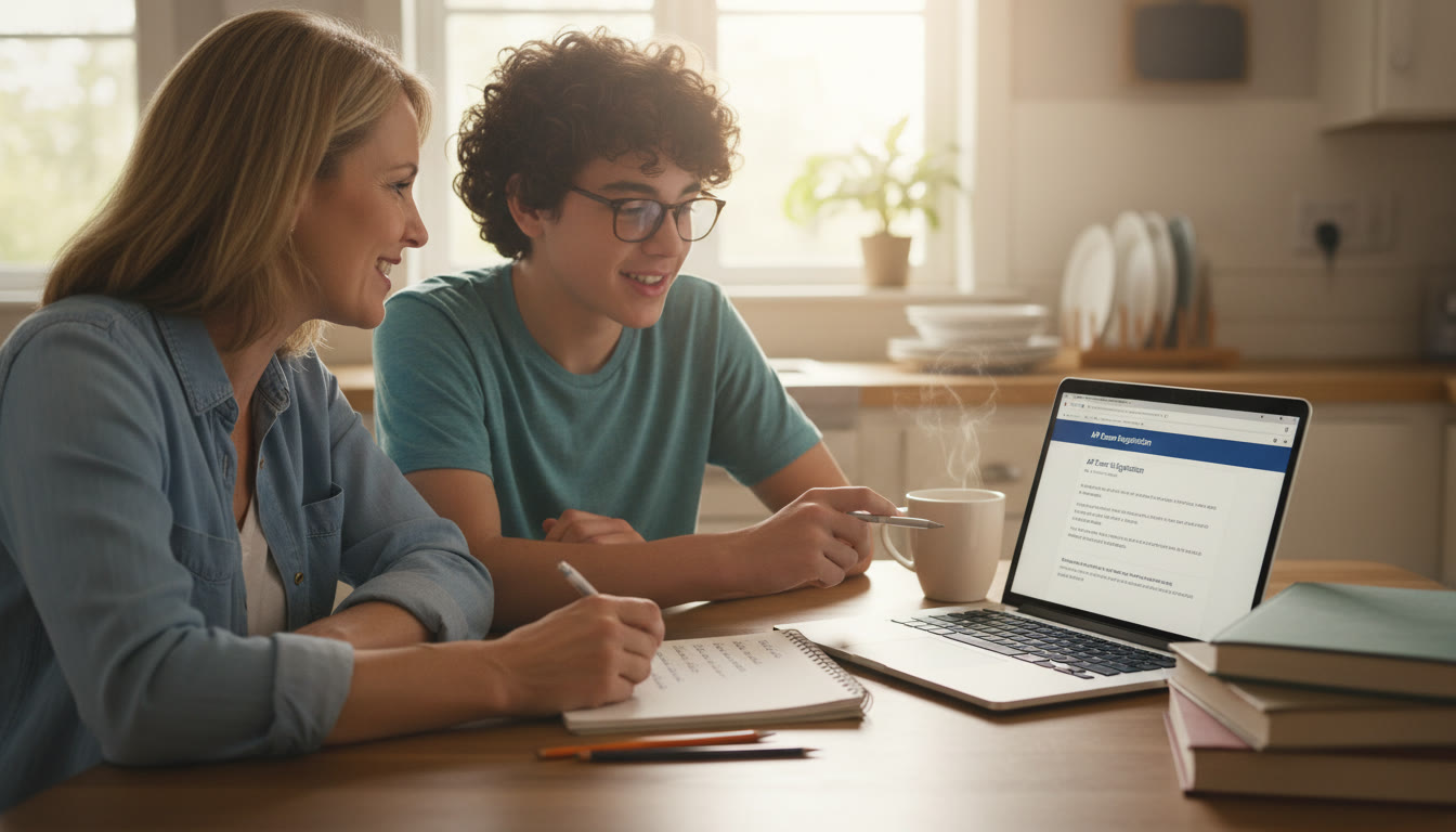 Photo Idea : A warm, candid photo of a parent and teen at a kitchen table surrounded by planning materials   laptop showing a test registration page, a notepad with a budget list, and a cup of coffee. This image should sit near the top of the article to set a practical, family-focused tone.