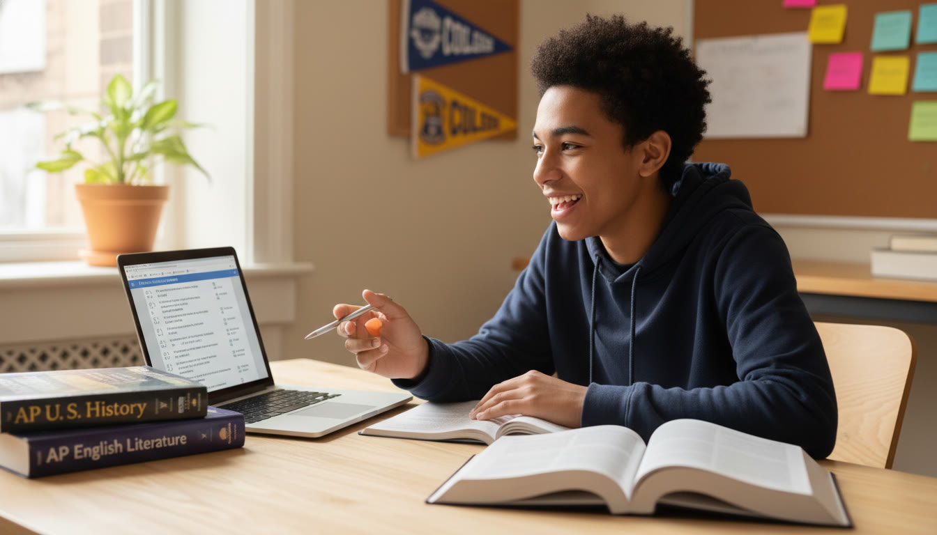 Photo Idea : A bright, candid photo of a diverse high school student studying at a desk with AP textbooks and a laptop open to practice questions—energized, not stressed.