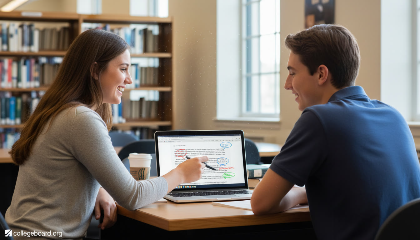 Photo Idea : A calm one-on-one tutoring session where a tutor points at a student’s annotated essay on a laptop—emphasizes personalized guidance and constructive critique.