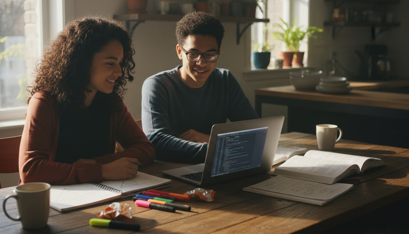 Photo Idea : A warm, candid photo of two high school students (diverse, focused) sitting at a kitchen table covered with notebooks, an AP Physics textbook open, a laptop with a coding environment, and a coffee mug — natural afternoon light.