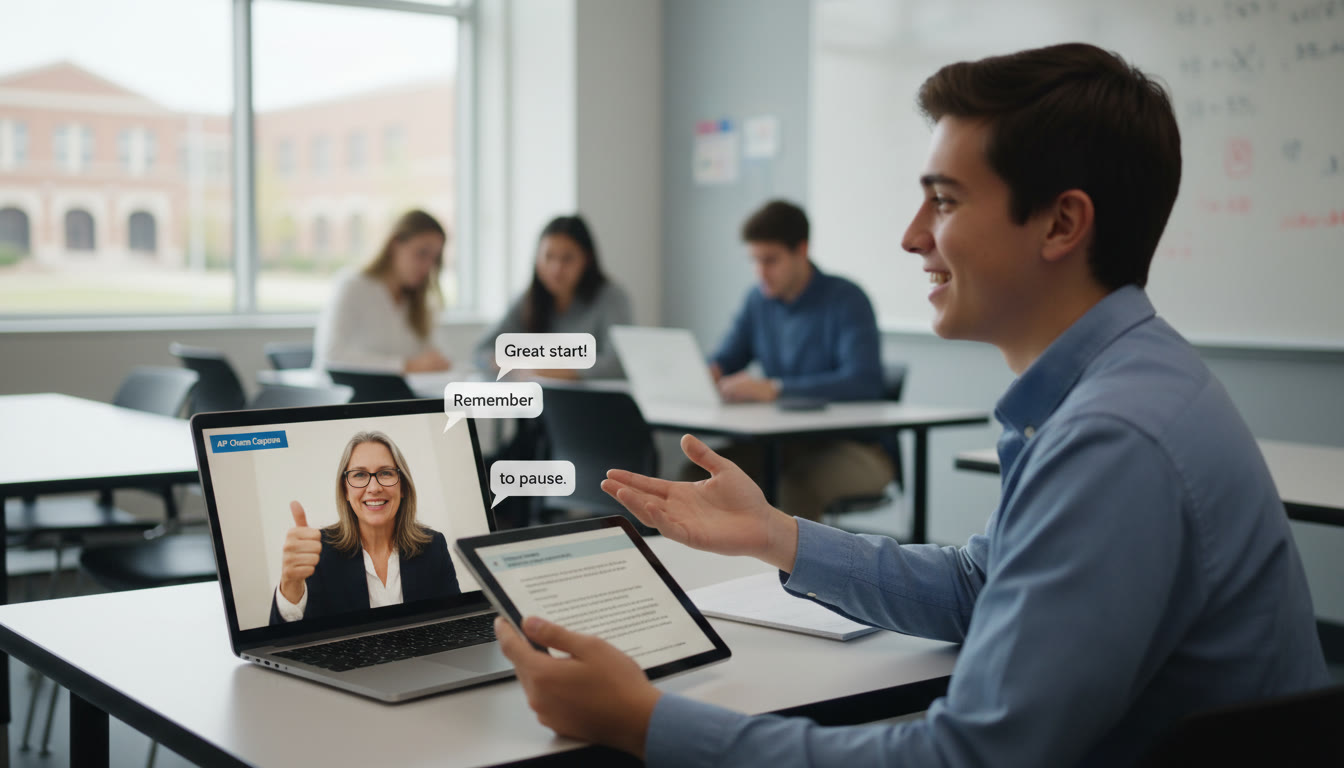 Photo Idea : A close-up photo of a student practicing a short presentation in a classroom, with a teacher giving supportive, constructive feedback on a laptop screen.