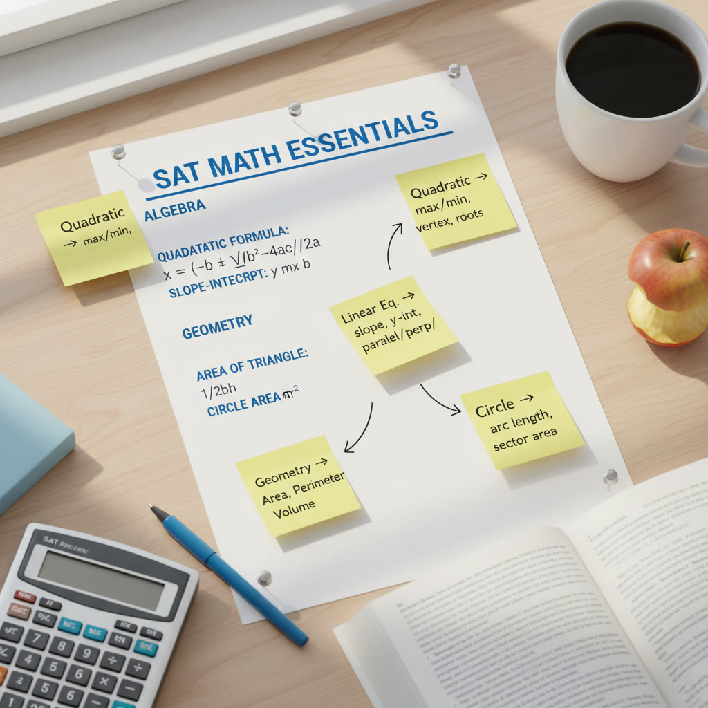 Illustration idea: A clean, labeled formula sheet pinned on a desk, with sticky notes linking formulas to SAT question types (e.g., 