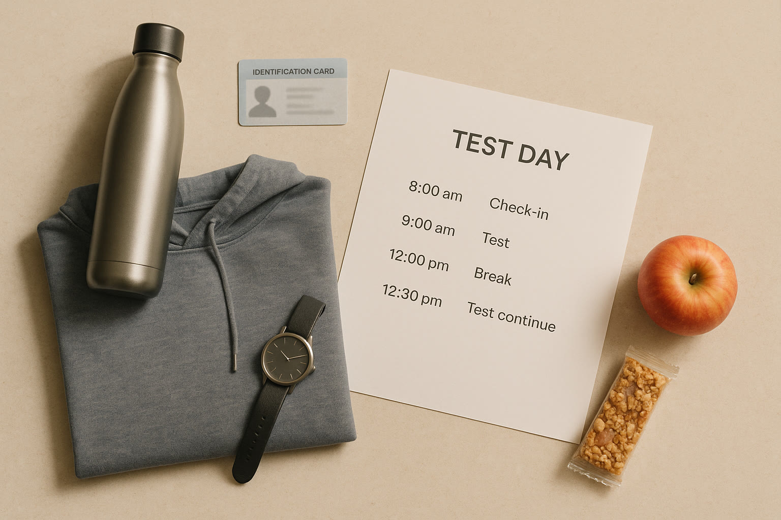 Photo Idea : A neutral flat-lay of a test-day kit on a kitchen counter — photo ID, comfortable hoodie, water bottle, healthy snack, watch, and a printed schedule. The image evokes calm readiness.