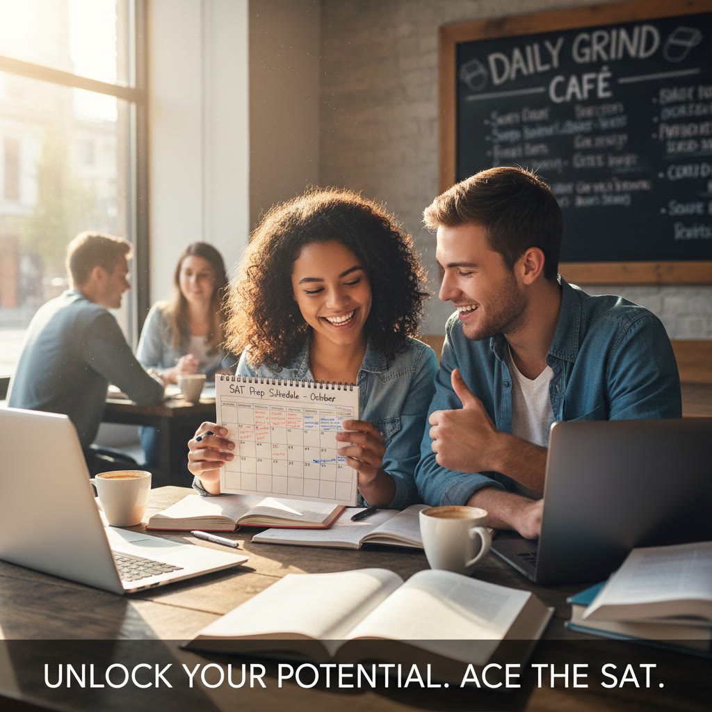 Two students sitting at a cafe with notebooks and laptops, smiling and sharing a study plan; natural light, focused atmosphere