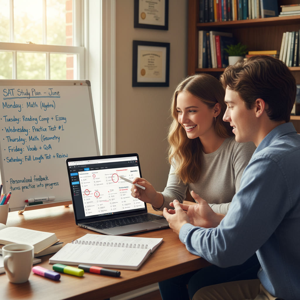 Photo idea: a tutor and student reviewing a SAT practice test together on a laptop, with annotated notes and a clear study schedule visible. Caption: