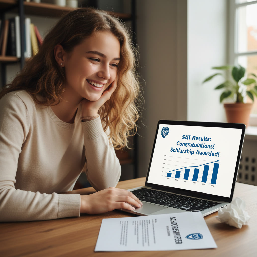 Photo Idea : Close-up of a student reviewing test results on a laptop, smiling with relief and a scholarship letter visible on the desk.