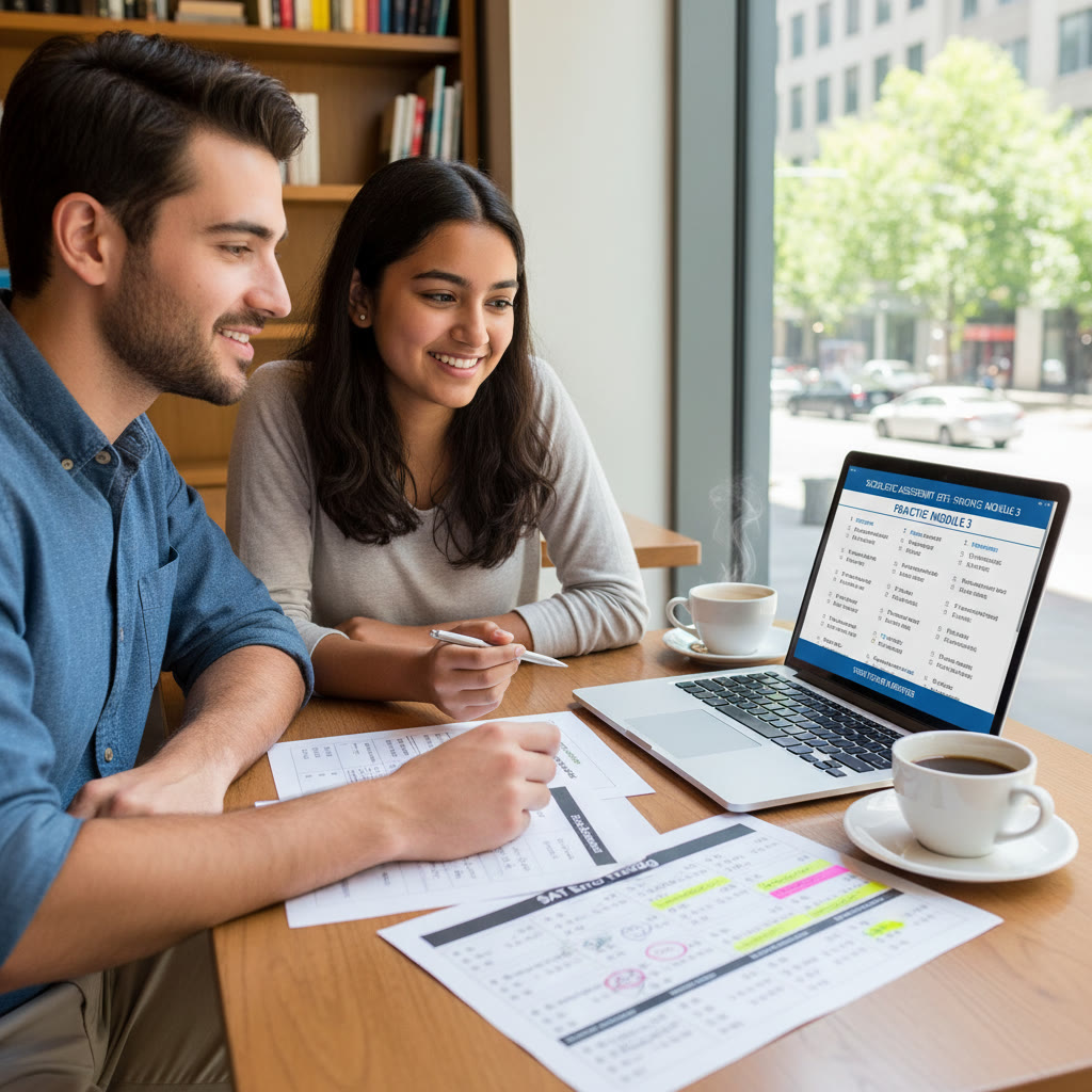 Photo idea: A student and tutor reviewing a practice test on a laptop, with a printed error log and highlighted questions on the table.