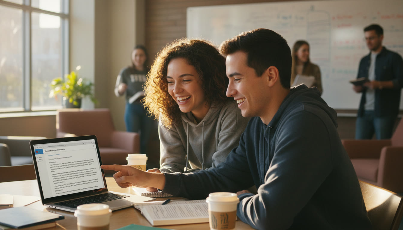 Photo Idea : A warm, candid shot of two students at a table, one showing the other a laptop screen with a drafted Spanish email. Natural light, casual school environment, smiling faces—conveys collaboration and real-world exam prep.