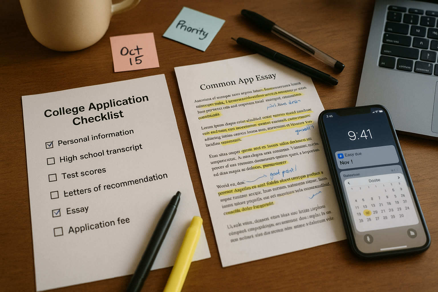 Photo Idea : A staged desktop with a printed college application checklist, a highlighted Common App essay draft, sticky notes with deadlines, and a smartphone showing a calendar reminder.