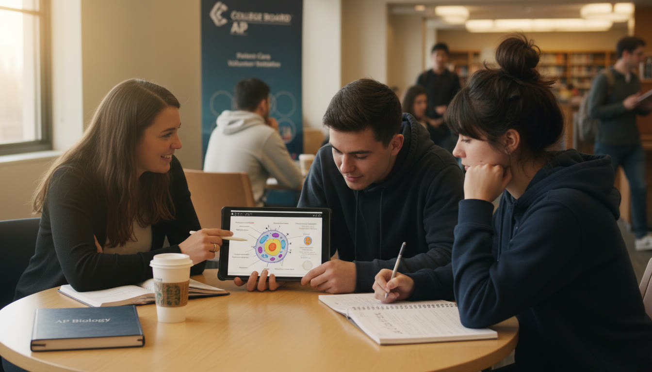 Photo Idea : A small group tutoring session with a patient-care volunteer setting, showing a tutor guiding a student through an AP Biology diagram on a tablet   warm, collaborative, focused on learning outcomes.