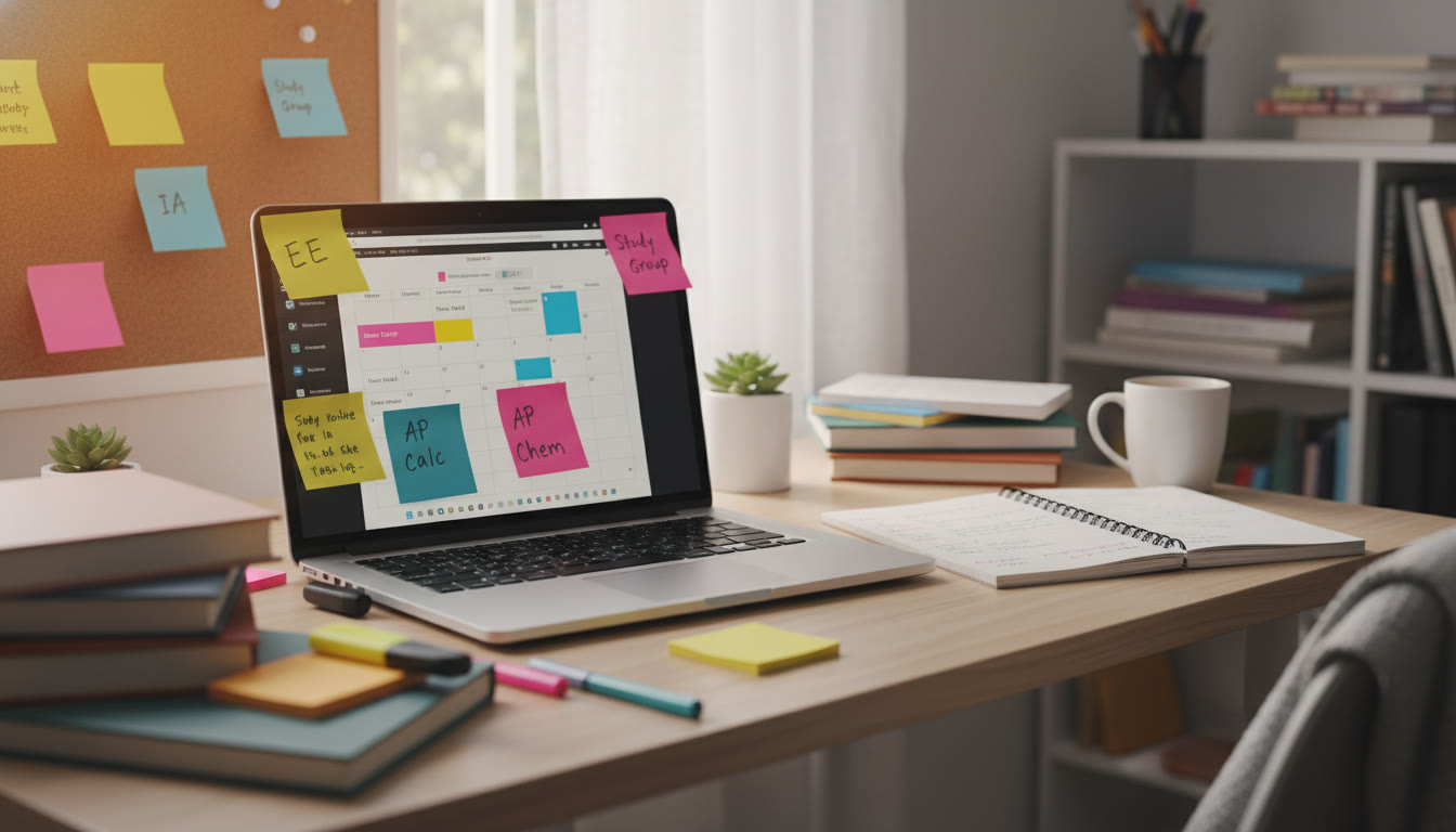 Photo Idea : A college-application style workspace with sticky notes labeled 'EE', 'IA', 'AP Calc', and a laptop open to a study schedule — conveys organized planning and long-form projects.