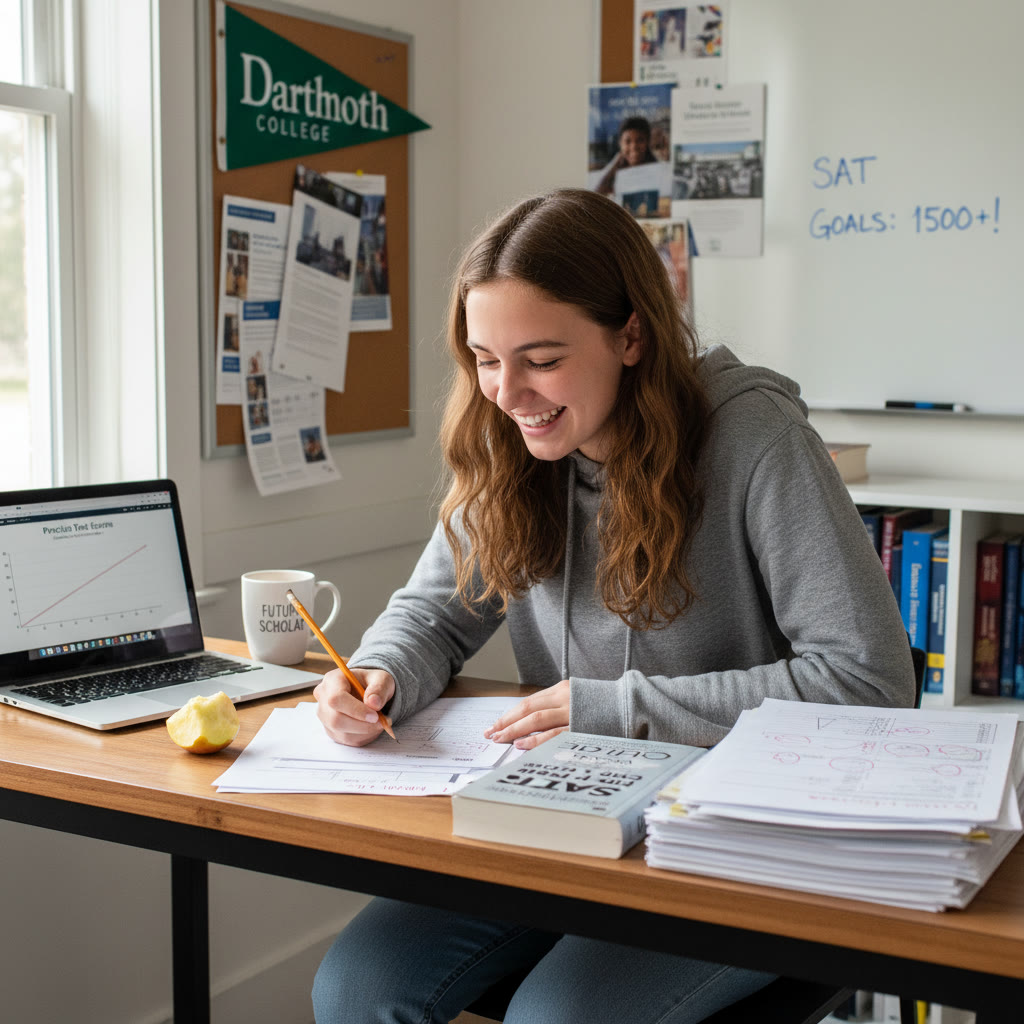 Photo Idea : A bright, candid photo of a high-school student studying at a desk with a laptop and printed practice tests, a Dartmouth pennant subtly visible in the background.