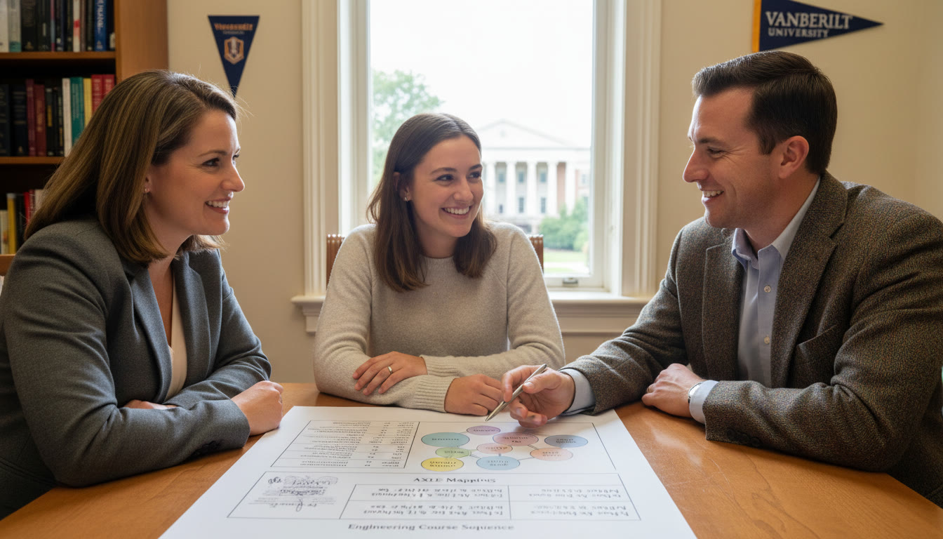 Photo Idea : A small group advising scene — a student and parent meeting with a Vanderbilt advisor who points to a printed plan showing AP scores, AXLE mapping, and an engineering course sequence. Calm, collaborative mood.