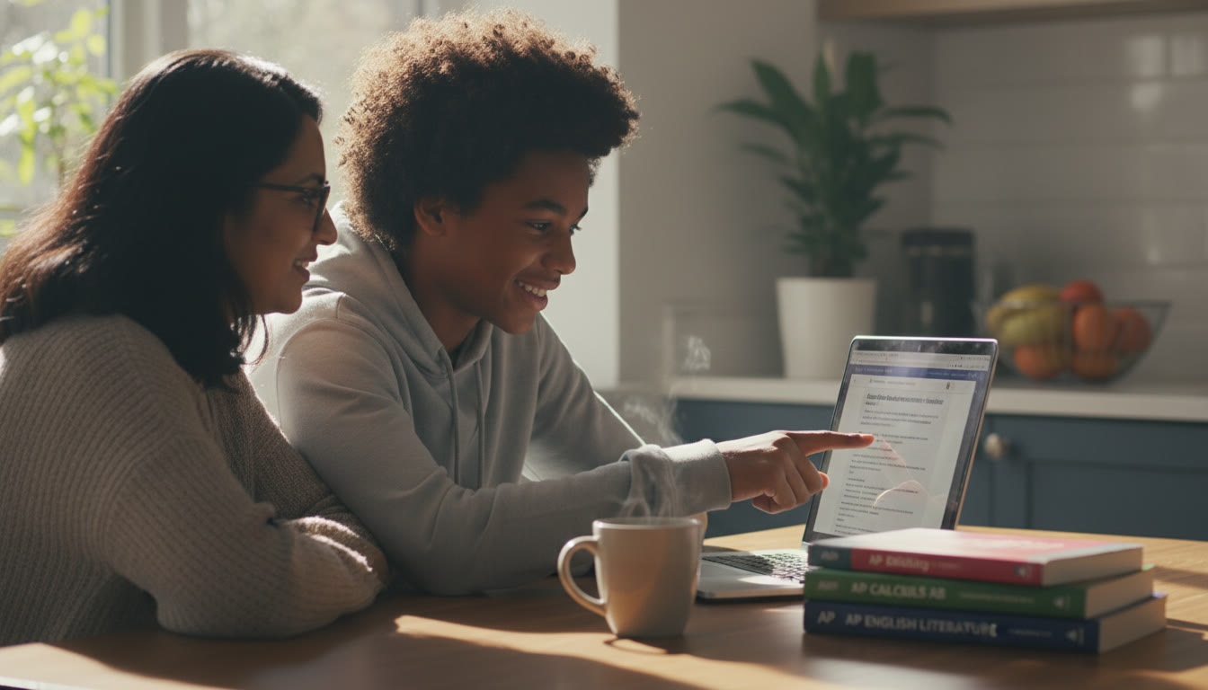 Photo Idea : A calm kitchen table scene with a parent and teen leaning over a laptop together, pointing at a college policy page. Natural light, coffee mug, and a stack of AP prep books nearby to show teamwork and planning.