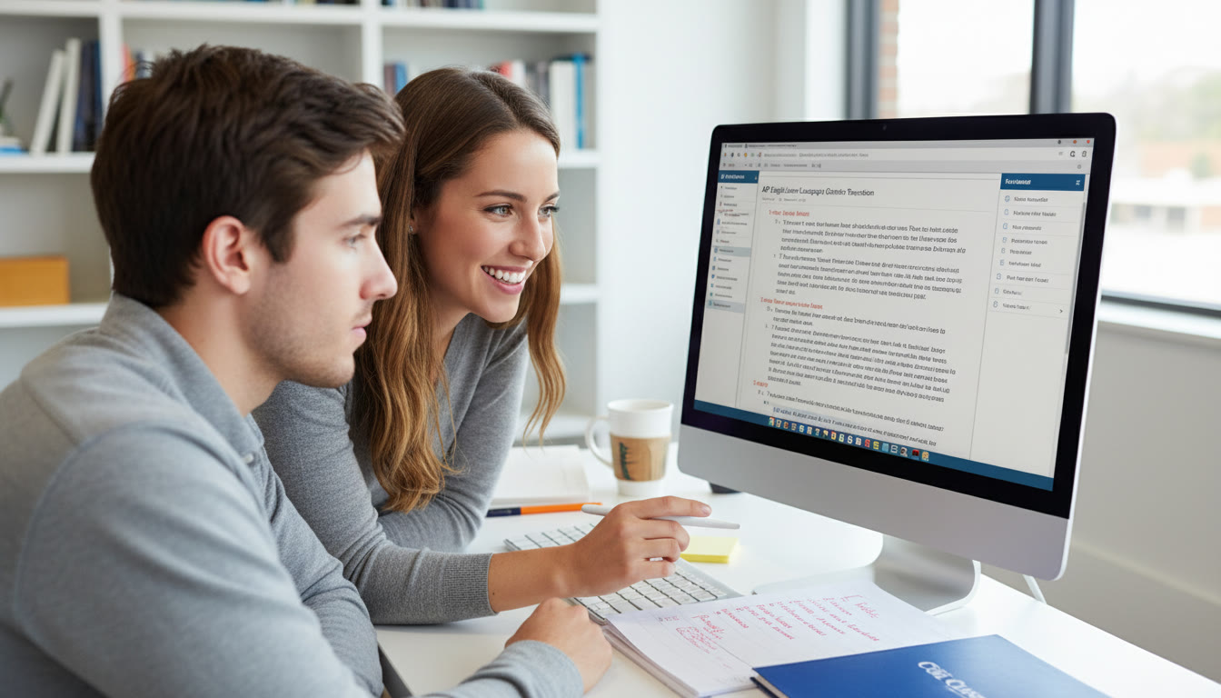 Photo Idea : Close-up of a tutor and student at a computer reviewing a digital practice SAT screen together, with a page of AP essay feedback beside them   visualizes tailored coaching and tech-enabled practice.