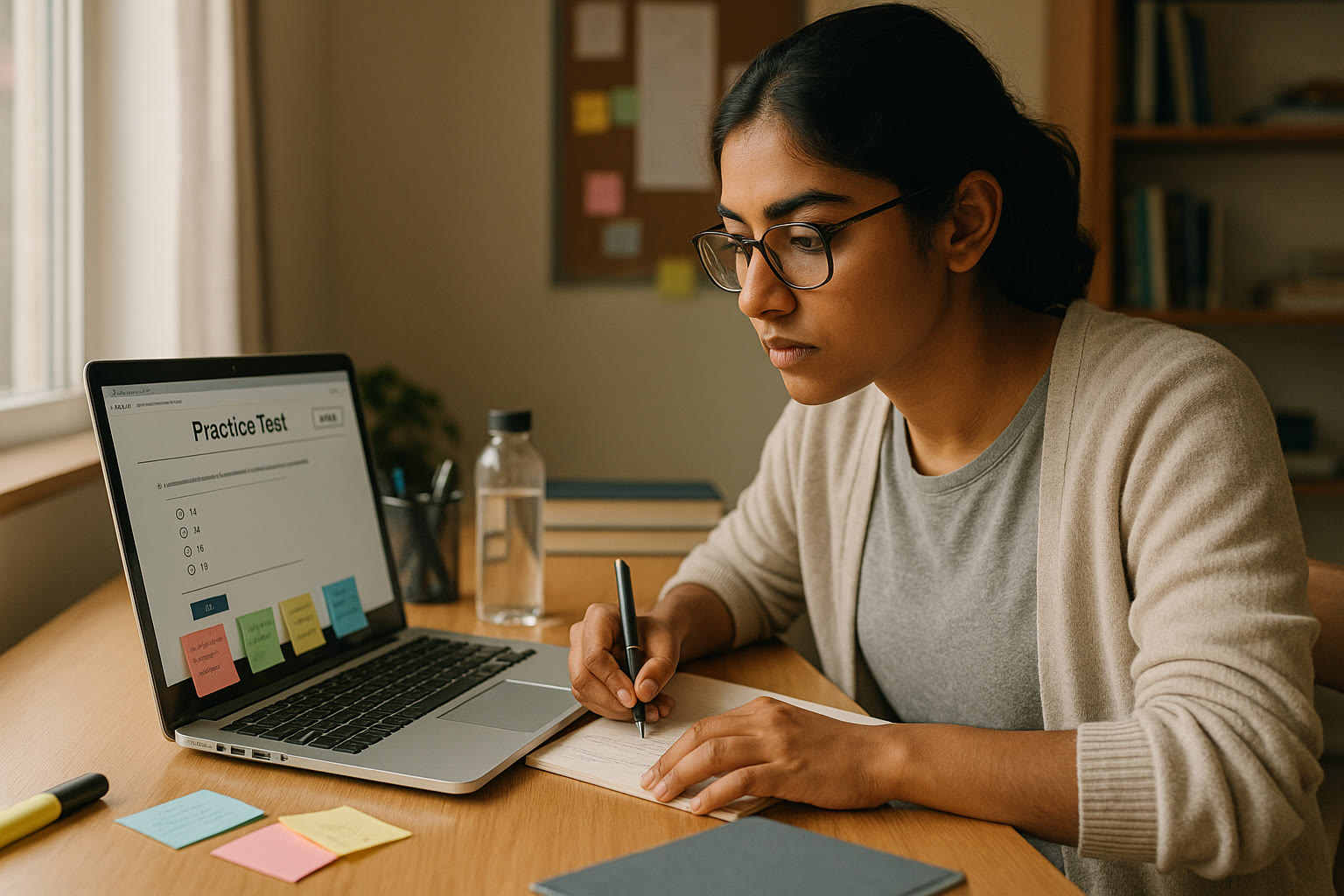 Photo Idea : A candid photo of an Indian student studying at a desk with a laptop open to a practice SAT interface and colorful sticky notes around, showing focused preparation.