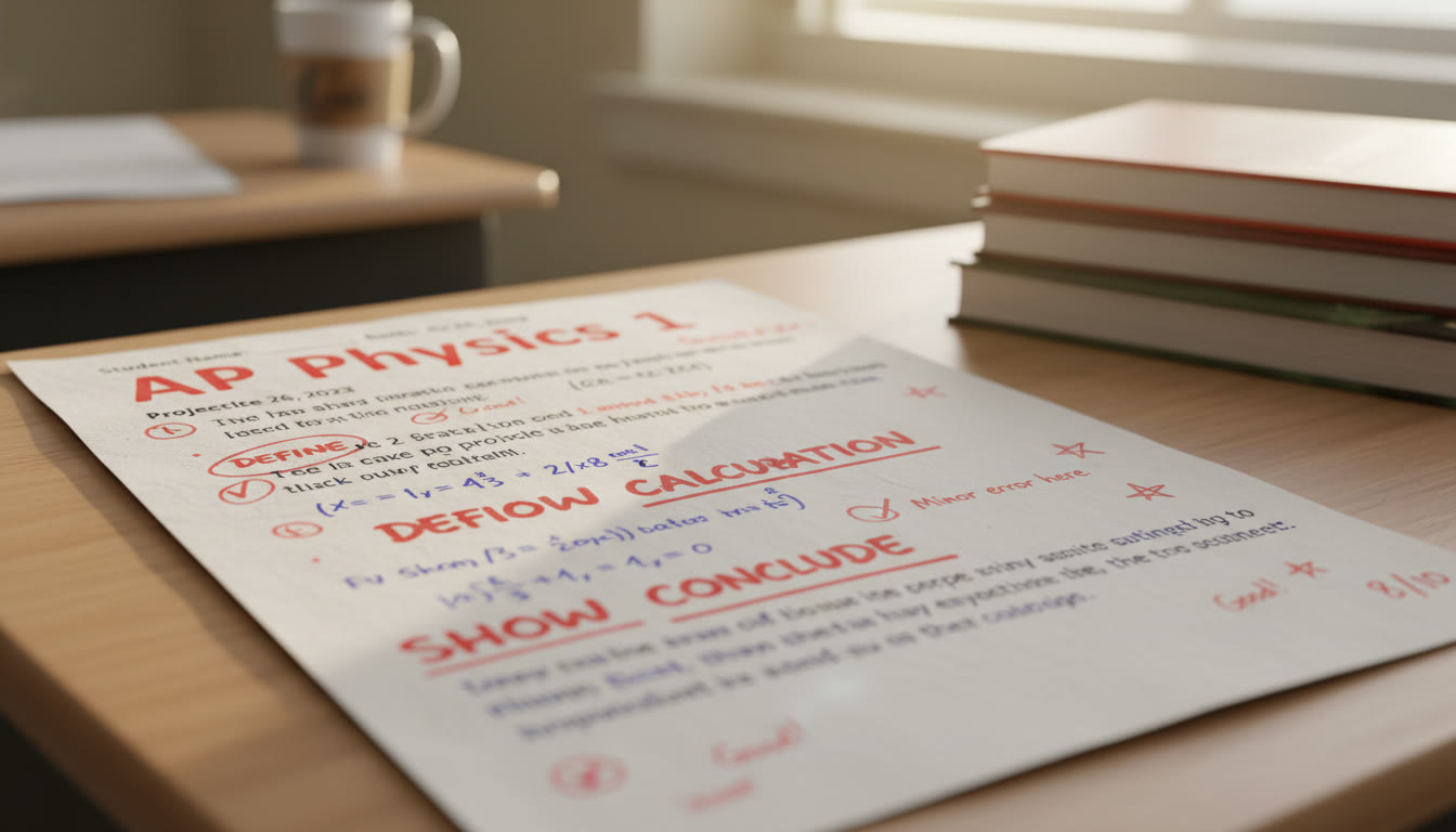 Photo Idea : Close-up image of a graded practice AP free-response page with red marks emphasizing crisp rubric phrases like “Define,” “Show Calculation,” and “Conclude” — warm classroom feel.